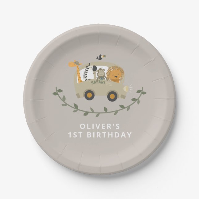 Safari Jungle Animals 1st Birthday Custom Name  Paper Plate (Front)