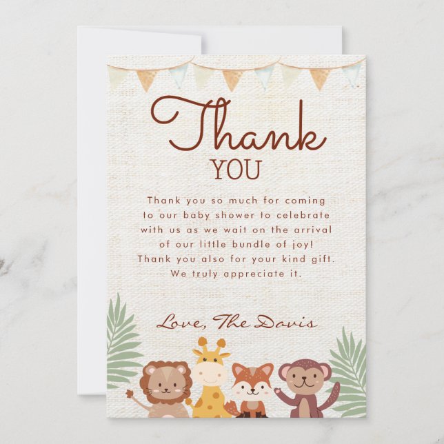 Safari Jungle Animals Baby Shower Boy Thank You Invitation (Front)