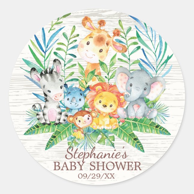 Safari Jungle Animals Baby Shower Favour Sticker (Front)
