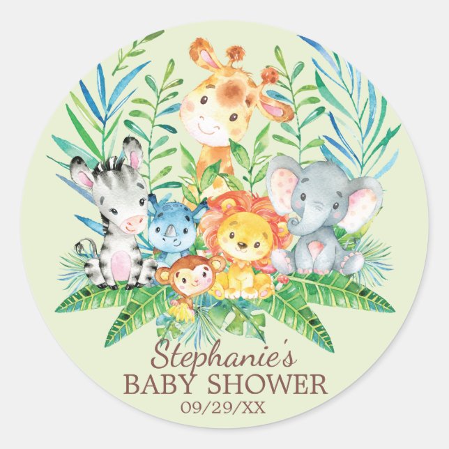 Safari Jungle Animals Baby Shower Favour Sticker (Front)