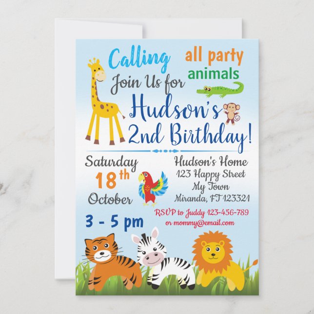 Safari Jungle animals birthday invitation (Front)