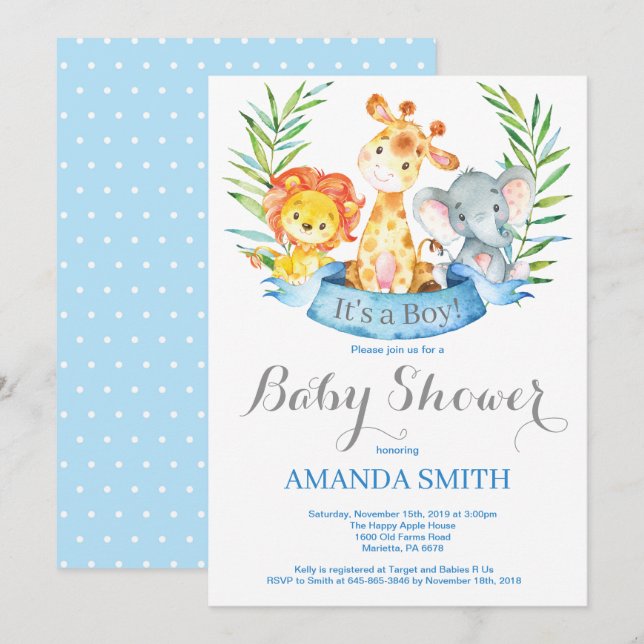 Safari Jungle Animals Boy Baby Shower Invitation (Front/Back)