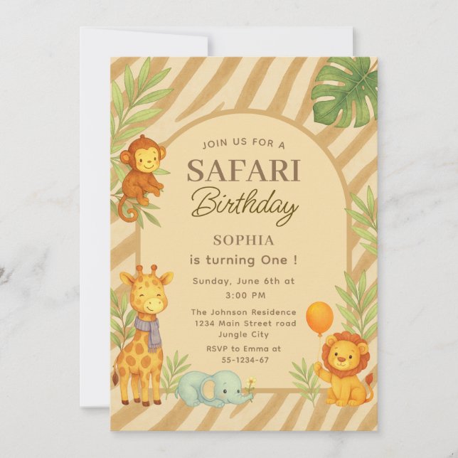 Safari Jungle Animals First Birthday  Invitation (Front)