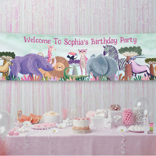 Safari jungle animals girl custom long banner