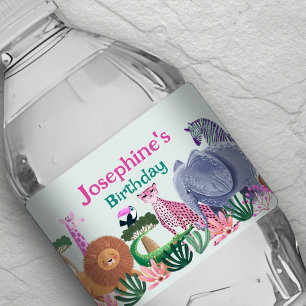 Safari jungle animals girl water bottle Label