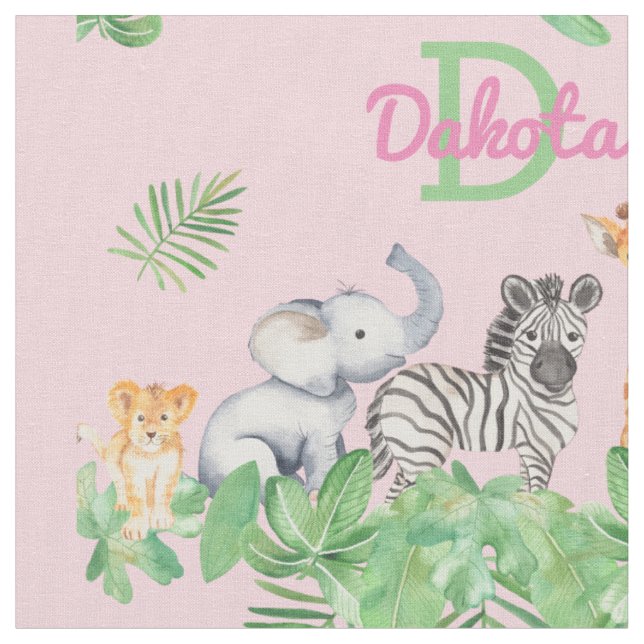 Safari | Jungle Animals | Greenery Monogram Baby Fabric (Close Up)