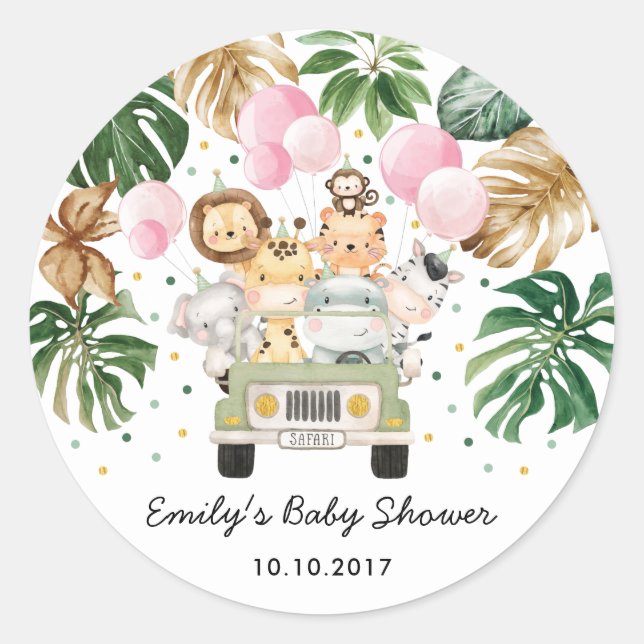 Safari Jungle Animals Greenery Pink Balloons Baby Classic Round Sticker (Front)