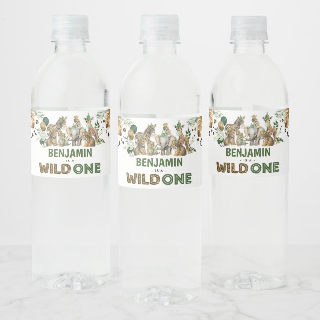Safari Jungle Animals Greenery Wild One Birthday Water Bottle Label (Bottles)