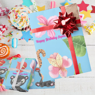 Safari Jungle Animals Happy Birthday Name  Wrapping Paper
