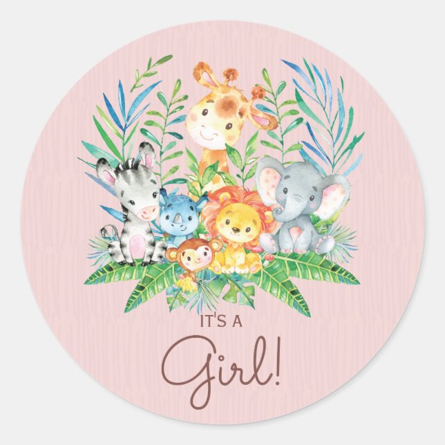 Safari Jungle Animals It' a Girl Favour Sticker (Front)