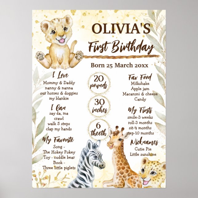 Safari jungle animals wild one birthday milestone poster (Front)