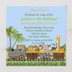 Safari Jungle Animaux en train Invitation d'annive