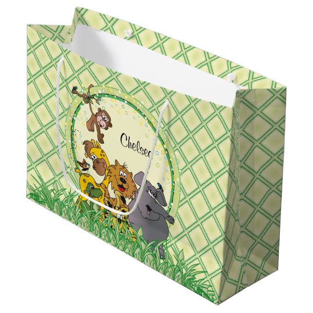 Safari Jungle Baby Animals Baby Shower Large Gift Bag (Front Angled)