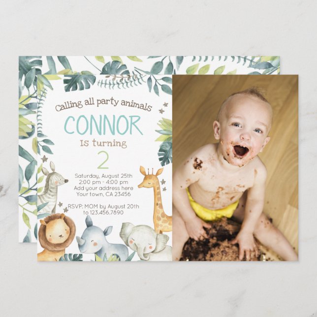 Safari Jungle Birthday Invitation with Photo (Front/Back)