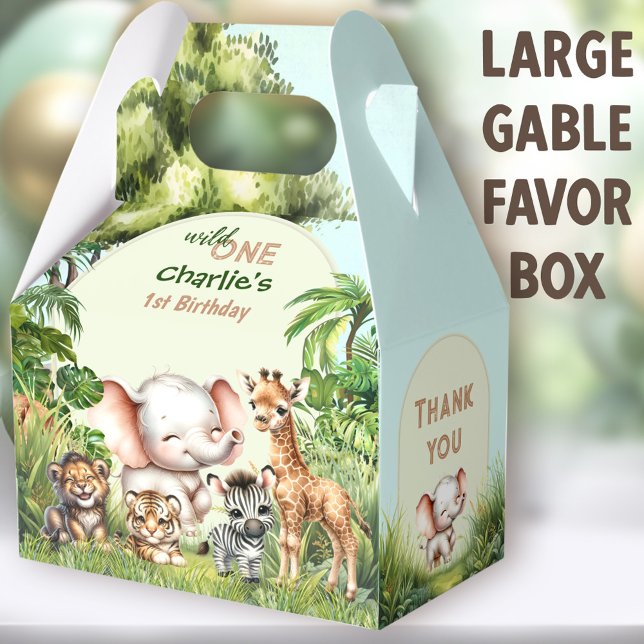 Safari Jungle Cute Wild One 1st Birthday Large Favor Box (Wild One Safari Large Gable Favor Boxes - You can choose from 3 sizes of these gable favor boxes)