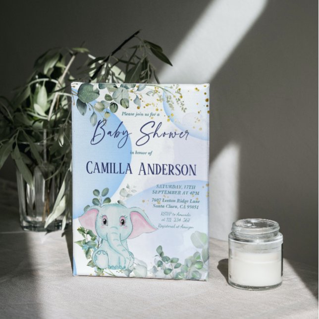  Safari Jungle Elephant Eucalyptus Blue Bubbles Invitation (Creator Uploaded)