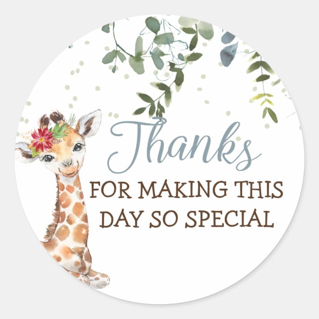 Safari Jungle Giraffe Blue Grey Thank You Classic Round Sticker (Front)