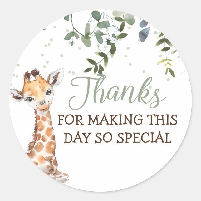 Safari Jungle Giraffe Sage Green Thank You Classic Round Sticker (Front)