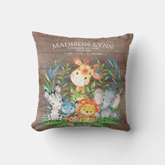 Safari Jungle Girl Boy Birth Stats Coussin (Recto)
