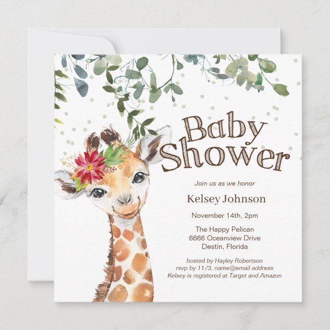 Safari Jungle Girl Giraffe Baby shower Invitation (Devant)