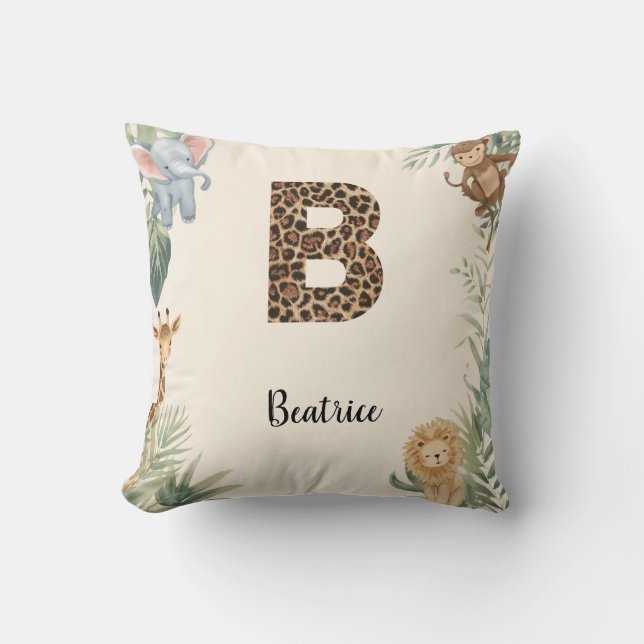 Safari Jungle Personalized Name Monogram B Nursery Throw Pillow (Front)