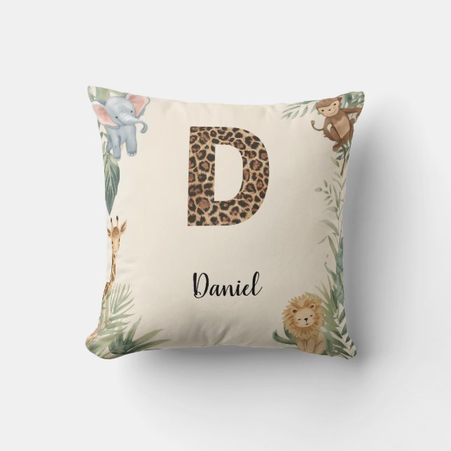 Safari Jungle Personalized Name Monogram D Nursery Throw Pillow (Front)