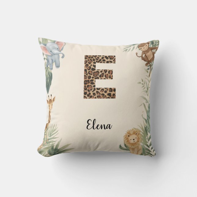 Safari Jungle Personalized Name Monogram E Nursery Throw Pillow (Front)
