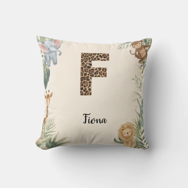 Safari Jungle Personalized Name Monogram F Nursery Throw Pillow (Front)