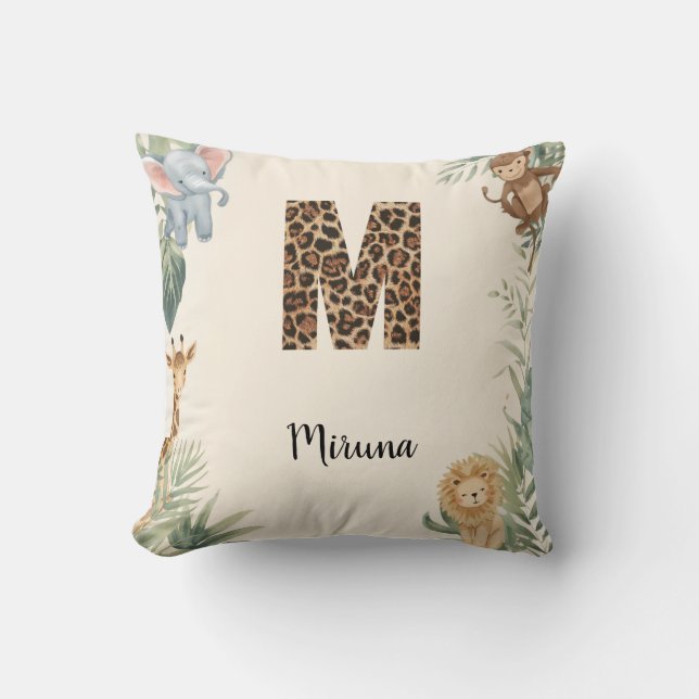 Safari Jungle Personalized Name Monogram M Nursery Throw Pillow (Front)