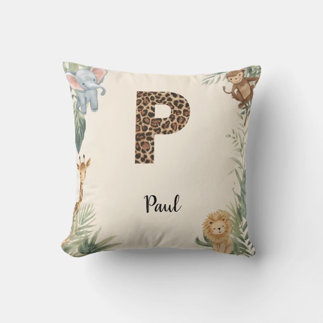 Safari Jungle Personalized Name Monogram P Nursery Throw Pillow (Front)
