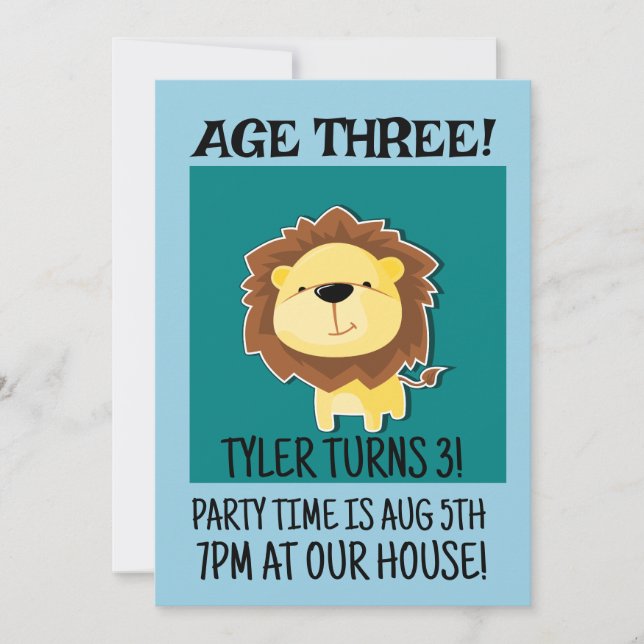 SAFARI LION AGE 3 TROIS 3E ANNIVERSAIRE INVITATION (Devant)