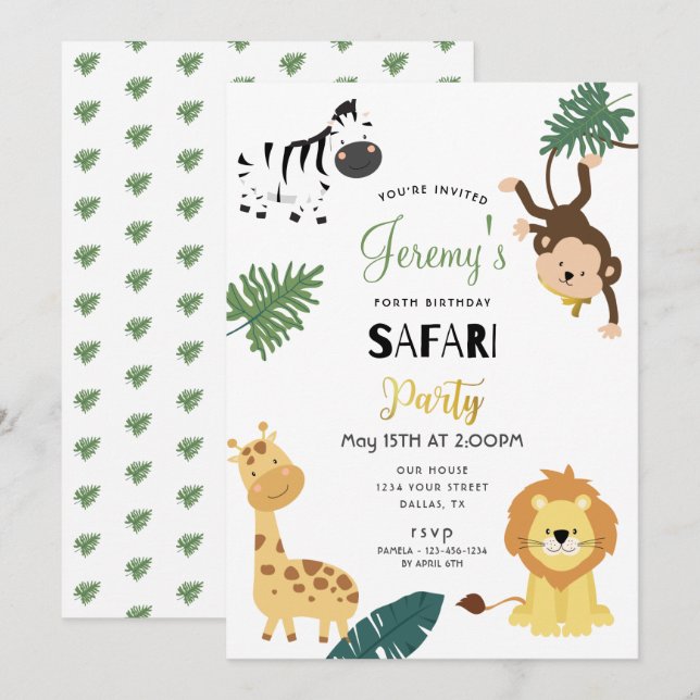 Safari Lion Zebra Monkey Little Boy Birthday Party Invitation (Front/Back)