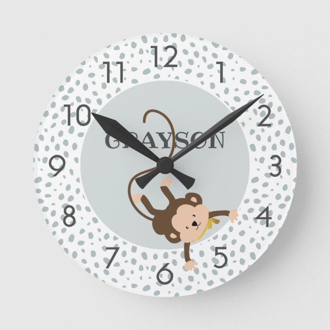 Safari Monkey Grey Personalized Round Clock (Front)
