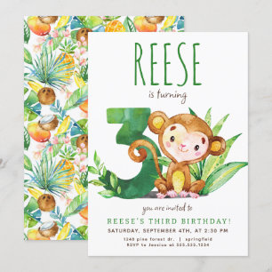 Safari Monkey troisième invitation anniversaire