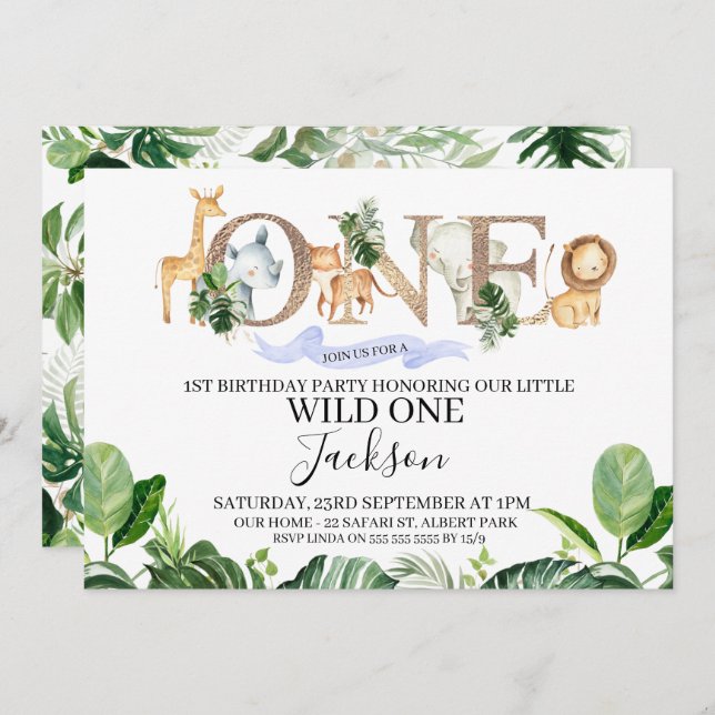 Safari One Boys Birthday Invitation (Front/Back)