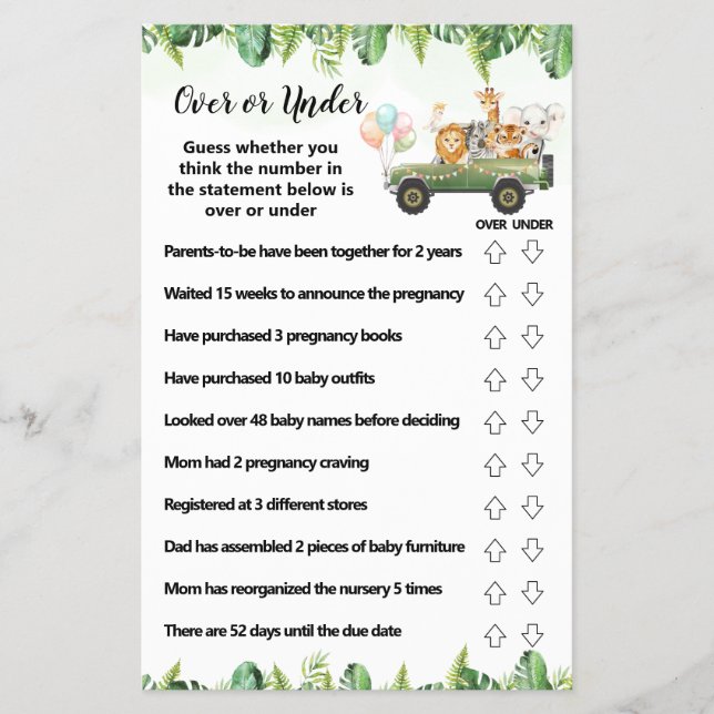 Safari Over or Under Baby Shower Game card (Front)