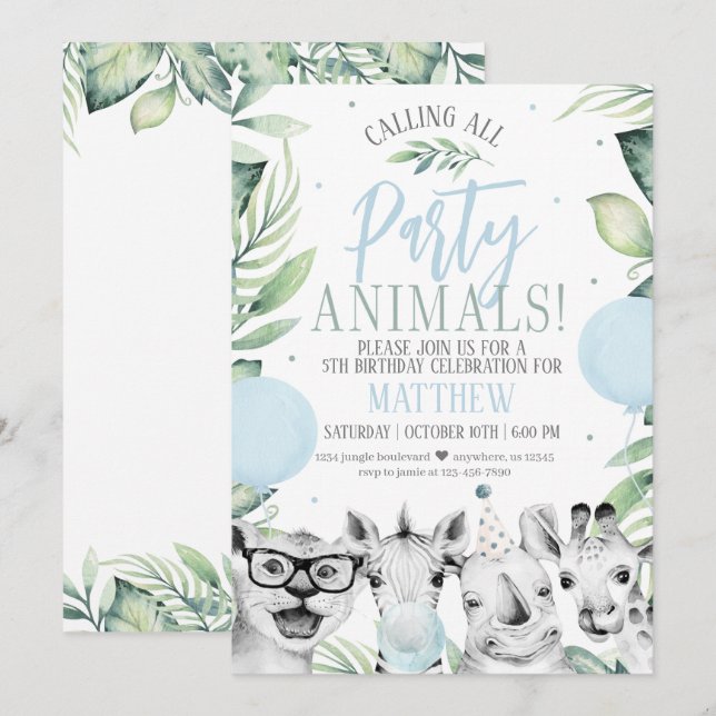 Safari Party Animaux Anniversaire Invitation pour  (Devant / Derrière)
