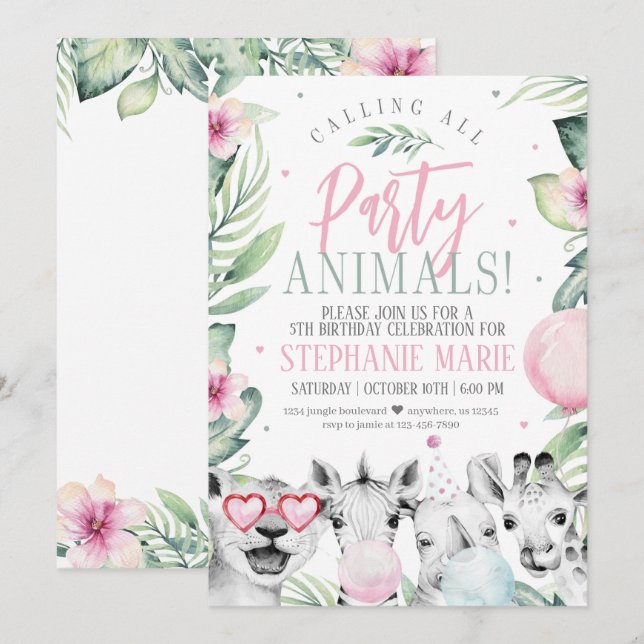 Safari Party Animaux Anniversaire Invitation pour  (Devant / Derrière)