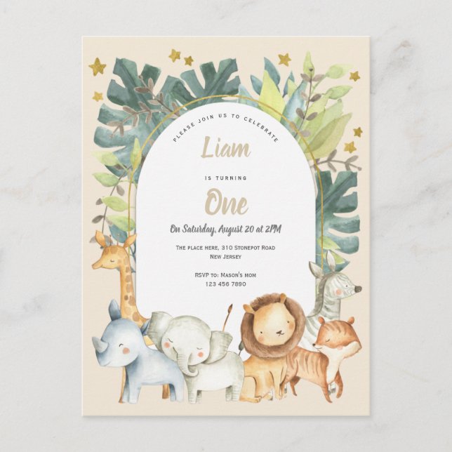 Safari party jungle animals boy first birthday invitation postcard (Front)