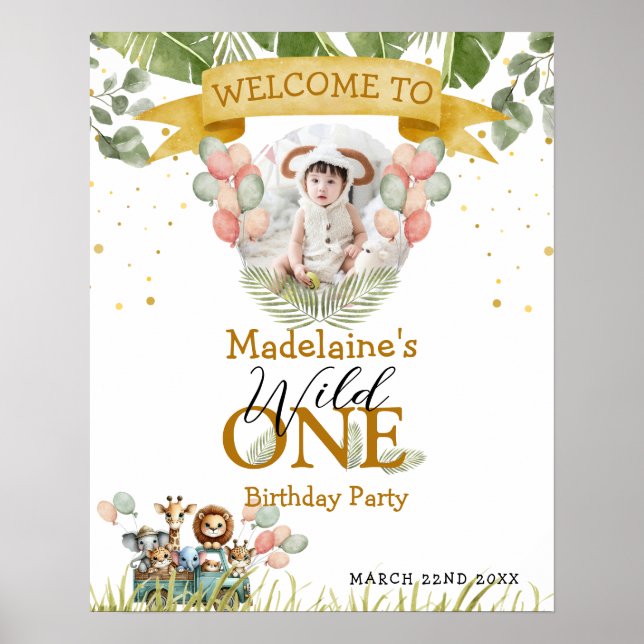  Safari Photo Welcome Wild One 1st Birthday Party Poster (Front)