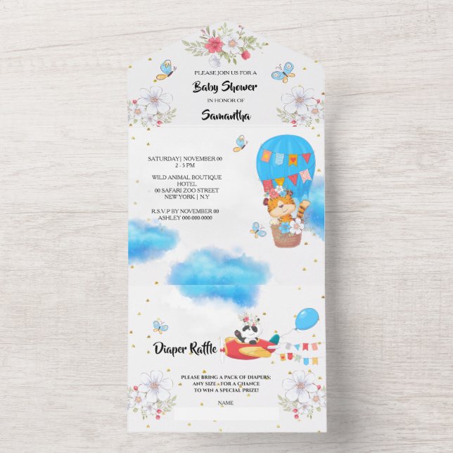 Safari pilot animals hot air balloon jungle party all in one invitation (Inside)