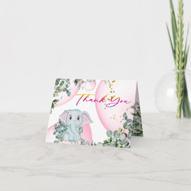 Safari Pink Elephant Eucalyptus Baby Shower Thank You Card (Front)