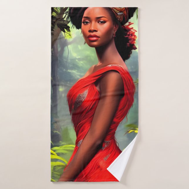 Safari Queen: Majestic African Woman Red Feathers Bath Towel (Bath Towel)