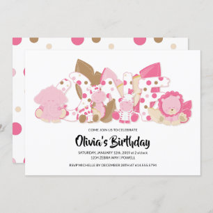 Safari rose Animaux 1er anniversaire Invitation