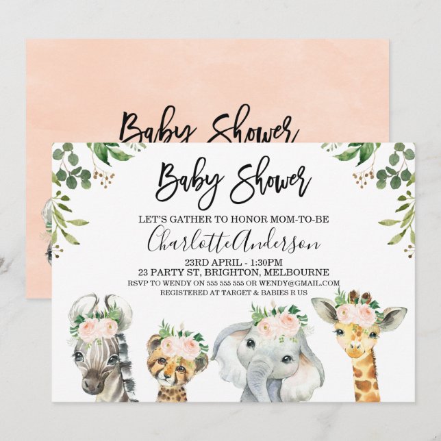 Safari rose Floral Animaux Baby shower Invitation (Devant / Derrière)