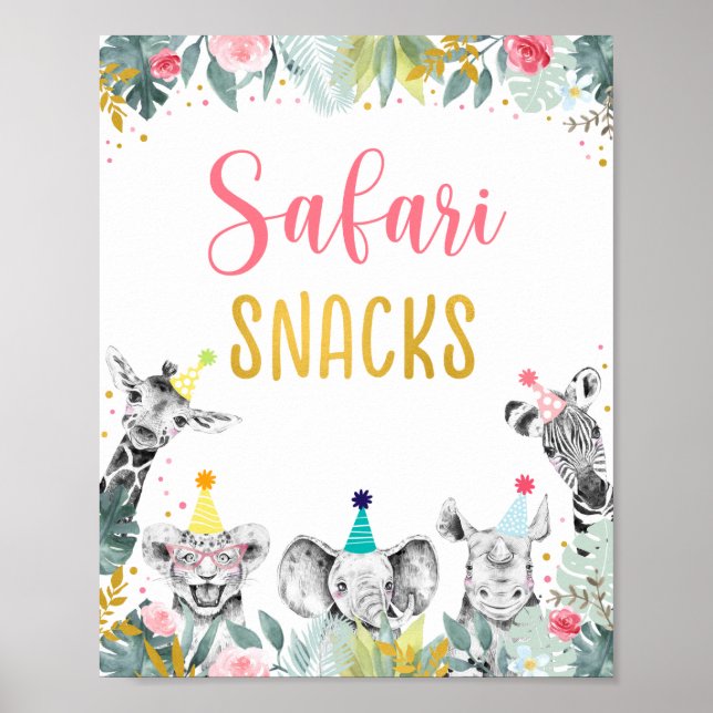 Safari Snacks Pink Gold Party Animal Birthday Sign (Front)