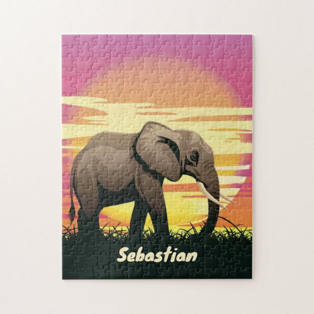 Safari Sunset Elephant Silhouette Personalized Jigsaw Puzzle (Vertical)
