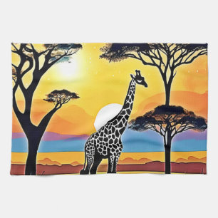 Safari Sunset: Giraffe's Embrace Kitchen Towel