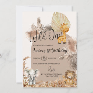 Safari Theme Wild One 1st Kids Birthday Invitation