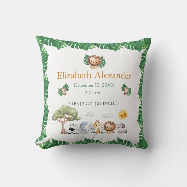 Safari themed jungle animals baby birth stats throw pillow (Front)
